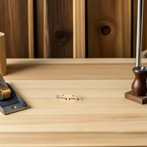 Brass Cabinet Door Catches Magnetic Latches Kit No Fuss Install on a wooden table with tools, 10 pack shown