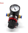 No Sweat Quarter Inch Air Pressure Regulator Valve Featuring Crisp Dial Gauge For Airbrush Spray Painting And Pneumatic Gear adjusts flow 0-8.5 bar, 8mm size.