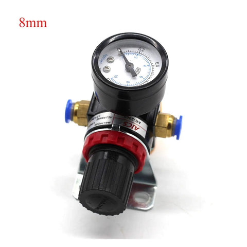 No Sweat Quarter Inch Air Pressure Regulator Valve Featuring Crisp Dial Gauge For Airbrush Spray Painting And Pneumatic Gear adjusts flow 0-8.5 bar, 8mm size.