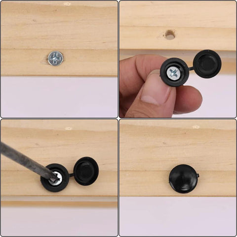200 Pack Plastic Hinged Screw Cover Caps White For M3 M4 M5 5mm Screw Heads installation on wooden frame.