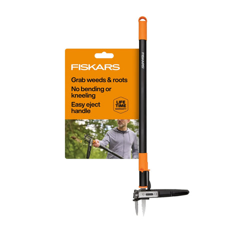 Stand Up 3 Claw Weed Puller With 39 Inch Ergonomic Handle And Easy Eject Mechanism displayed with packaging