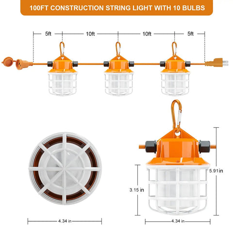 Diagram of 100Ft LED Construction String Lights 150W Industrial Grade With 15000LM 5000K Daylight IP65 Linkable showing bulb dimensions.