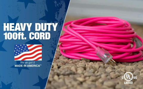 Outdoor Extension Cord 100 Ft Heavy Duty All Copper Wire 12/3 SJTW Weatherproof Vinyl Jacket With High Visibility Pink And Green Safety Stripe