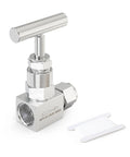 Needle valve, front view: TAISHER 304 stainless steel high-pressure straight, 1/4 NPT female x 1/4 tube OD, T-handle