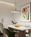 Modern dining area with French Cream Dome Swing Arm Hanging Lamp With Acrylic Shade Pendant Light Iron Body Dope Three Color Temperature Modes For Bedroom Living Room Study Office Hotel Lobby Foyer Green illuminating the space.