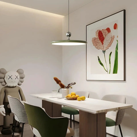 Modern dining area with French Cream Dome Swing Arm Hanging Lamp With Acrylic Shade Pendant Light Iron Body Dope Three Color Temperature Modes For Bedroom Living Room Study Office Hotel Lobby Foyer Green illuminating the space.