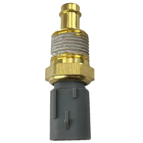 Engine coolant temperature sensor with brass threaded body and gray plastic connector, close-up view