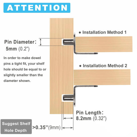 Diagram showing installation methods and measurements for 5mm L Shaped Shelf Pins For Wood Shelving 8.2mm Pin Length Cabinet Support.