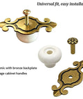 Hella Sturdy Retro Ceramic Cabinet Knobs With Backplate Four Pack Vintage Drawer Pulls Zinc Alloy Kitchen Cupboard Furniture Hardware Quick Swap White Finish For Your Spot, featuring white ceramic knobs with bronze backplates.
