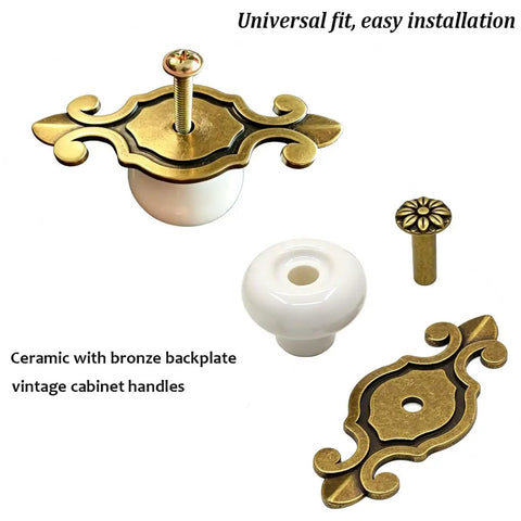 Hella Sturdy Retro Ceramic Cabinet Knobs With Backplate Four Pack Vintage Drawer Pulls Zinc Alloy Kitchen Cupboard Furniture Hardware Quick Swap White Finish For Your Spot, featuring white ceramic knobs with bronze backplates.
