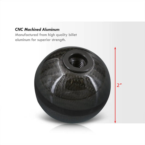 Premium Two Inch Round Ball Manual Shifter Knob With M10x1.5 Threads And Clean Carbon Black Trim, 2" CNC aluminum finish.