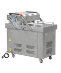 Heavy Duty Commercial Double Chamber Vacuum Sealer Automatic Food Packer With Dual Copper Motors, silver stainless steel machine.