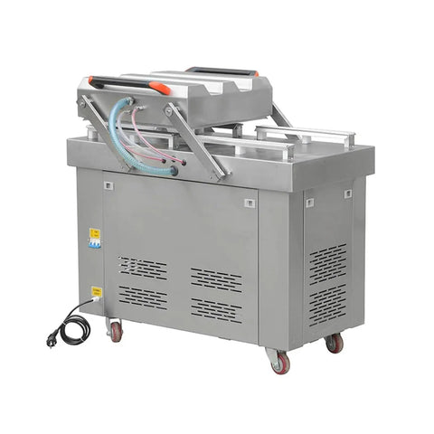 Heavy Duty Commercial Double Chamber Vacuum Sealer Automatic Food Packer With Dual Copper Motors, silver stainless steel machine.