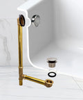 22 Inch Deep Soak Tip-Toe Drain Bath Waste And Overflow In Satin Nickel Finish with brass assembly near white bathtub