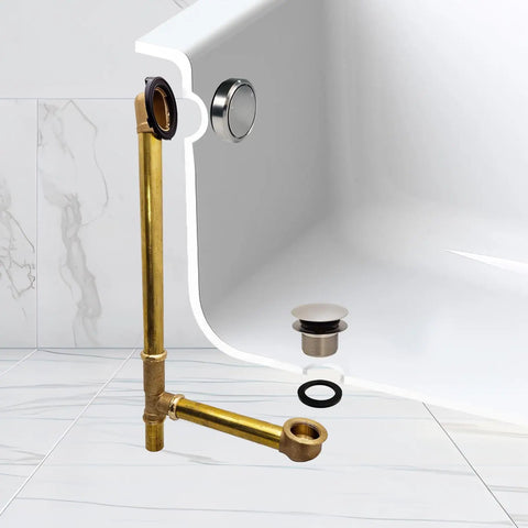 22 Inch Deep Soak Tip-Toe Drain Bath Waste And Overflow In Satin Nickel Finish with brass assembly near white bathtub