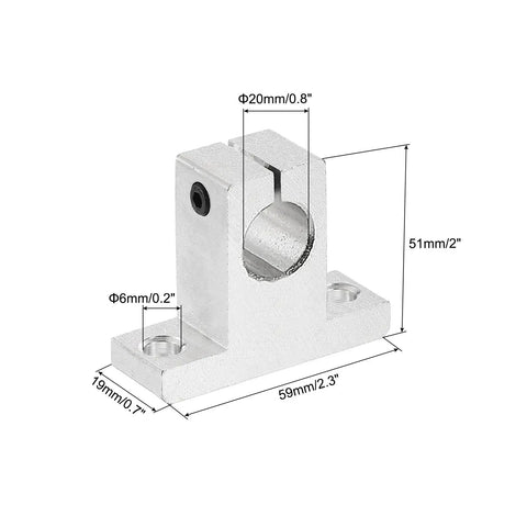 Front view of 4 Piece SK20 Aluminum Linear Rod Rail Shaft Support Clamps For 20mm Shaft With 6mm Mount Holes Heavy Duty CNC Machine 3D Printer Mounting Brackets In Silver Tone, showing dimensions.