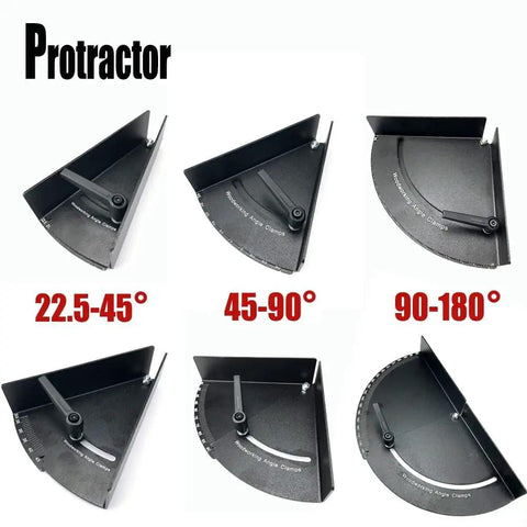 Heavy Duty Adjustable Woodworking Angle Clamp 45 90 180 Degree Protractor Corner Fixture showing angles 22.5-45, 45-90, 90-180 degrees.