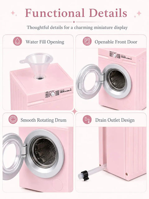 Functional details of Insanely Detailed One To Twelve Scale Miniature Washing Machine With Five Metal Hangers And Rotating Drum.