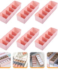 Six Piece Pink Plastic Underwear Drawer Organizer Set Smooth Dresser Storage Dividers, shown in multiple angles and uses for socks and essentials.