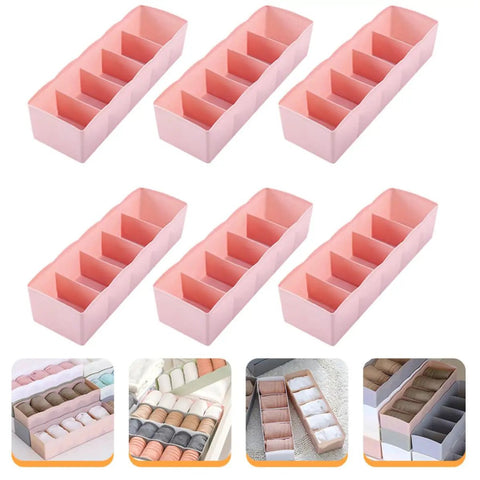 Six Piece Pink Plastic Underwear Drawer Organizer Set Smooth Dresser Storage Dividers, shown in multiple angles and uses for socks and essentials.