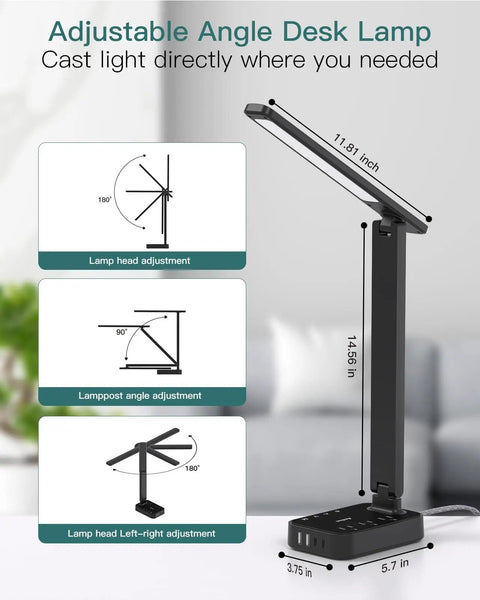LED Desk Lamp With Built In Power Strip, 3 Outlets And 4 USB Ports Including 2 USB C, Killer Lighting Modes And Five Level Brightness