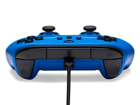 Back view of blue Officially Licensed Symmetric Wired Xbox Controller for Series X and S, showing trigger buttons and USB-C cable.