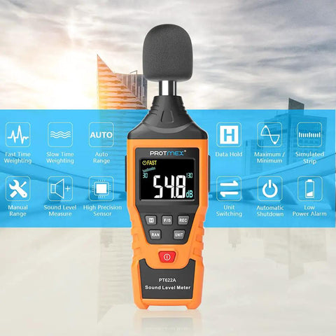Digital Sound Level Meter With Temperature And Humidity Readouts 30 To 130 DB A Weighted Max Min Data Hold Large Backlit LCD Auto