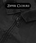 Close-up of zipper closure on Sleek Black Barber Jacket With Zippered Front And Contrast Pockets XL Nylon Short Sleeve Top.