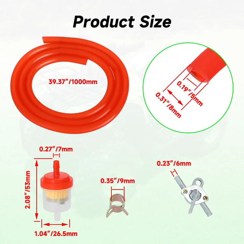Gas Fuel Line Kit 3.28 Ft 3/16 Inch ID With 1/4 Inch Inline Shut Off Valve dimensions and components displayed