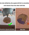 6-piece SagaSave spade drill bit set for wood; left shows smooth hole, right shows jagged hole from other bits