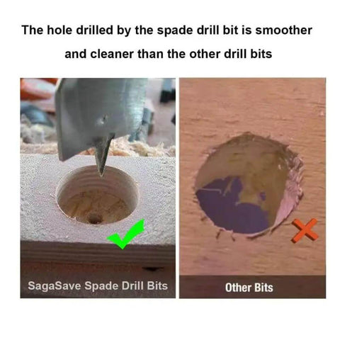 6-piece SagaSave spade drill bit set for wood; left shows smooth hole, right shows jagged hole from other bits