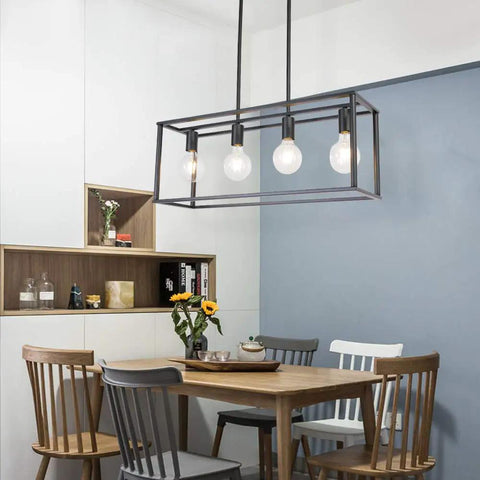 4 Light Industrial Open Frame Rectangle Pendant Lighting For Kitchen Island And Dining Room In Dope Black Finish With Adjustable Stems And Cage Design Perfect For Farmhouse Cafe Bar And Restaurant Ambiance over dining table