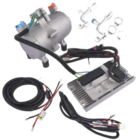 12V Electric AC Scroll Compressor Close Kit For Universal Car And Truck Air Conditioning components including compressor, wiring, and connectors.