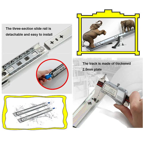 Heavy Duty Full Extension Drawer Slides Featuring Rock Solid Ball Bearing Glide And Secure Side Lock Mount Crafted From Thick Cold Rolled Steel, detailed view with measurements.