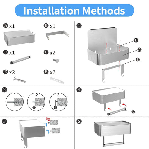 Installation guide for Brushed Nickel Toilet Paper Holder with Shelf and Wipes Dispenser, Stainless Steel Wall Mount Organizer for Bathroom Storage.
