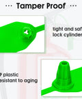 Close-up view of green 1000 Pack Plastic Tamper Seals For Fire Extinguishers Self Locking Security Tags With Laser Printed Numbers