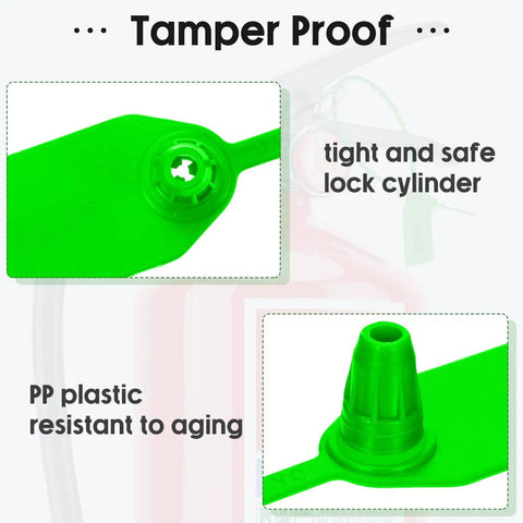 Close-up view of green 1000 Pack Plastic Tamper Seals For Fire Extinguishers Self Locking Security Tags With Laser Printed Numbers