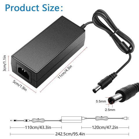 Six Pack 24V Power Supply 3A 72W AC DC Adapter 100 240V Input 24V Output With 5.5x2.5mm Plug dimensions and cable length