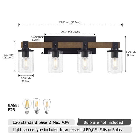 Farmhouse Vanity Light Fixture Four Light With Seeded Glass Shades For Bathroom Hallway And Bedroom, dimensions labeled.