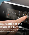 Touchscreen panel of Fully Automatic Espresso Machine With One Touch Milk Frother And Quiet Ceramic Grinder for easy coffee selection.