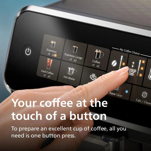 Touchscreen panel of Fully Automatic Espresso Machine With One Touch Milk Frother And Quiet Ceramic Grinder for easy coffee selection.