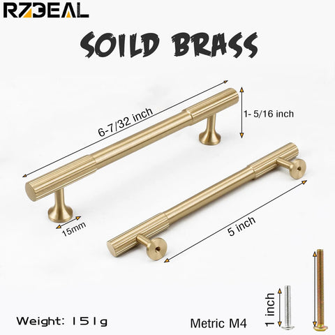 Solid Brass Gold Cabinet Pulls Set Of 4 With 5 Inch Hole Centers For Modern Kitchen Cupboards, Drawers, Brushed Brass Finish