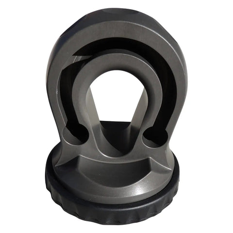 Hella Tough Splice On Synthetic Rope Shackle Mount Featuring Integrated Rubber Pad and Precision Machined Thimble for Zero Sweat Off Road Recovery Truck Towing and Overland Builds In Matte Black, close-up view.