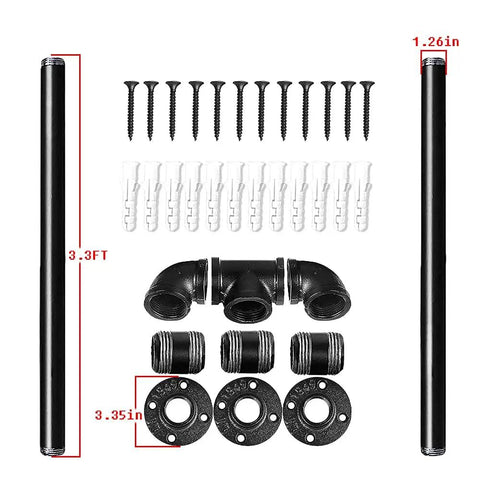 Heavy Duty Black Metal Stair Rail Kit For Indoor And Outdoor Steps Six Point Six Foot No Slip Handrails With Galvanized Steel Construction And Nano Bake Paint Finish Built To Last For Porch Loft Deck Safety Grab Bars showcasing all components including screws, pipes, and fittings on white background