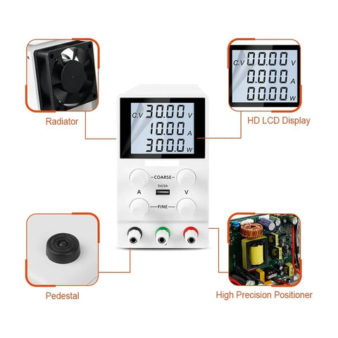 Adjustable AC DC Bench Power Supply For DIY PCB And Phone Repair With Four Digit LED Display showing various components