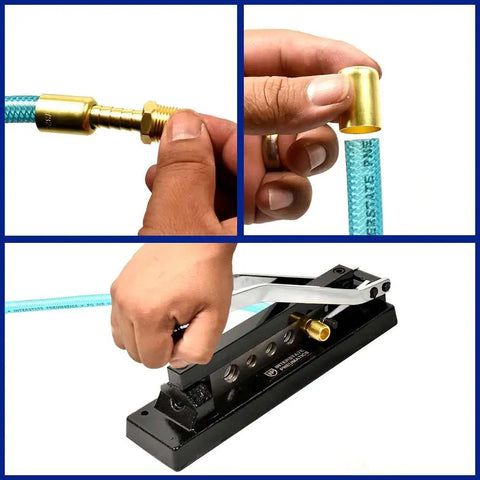 Beefy Heavy Duty Hose Crimper With Five Die Set for precise crimps on 1/4, 5/16 and 3/8 inch hoses, cast iron body with heat treated dies.