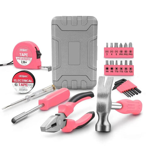 Compact Tool Box Set For Women with 24 Piece Essential DIY Starter Tools displayed with case, pliers, and hammer for home projects.