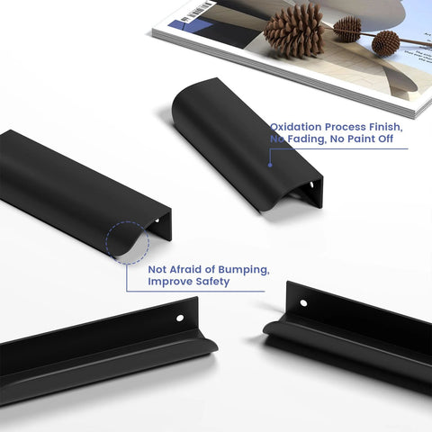 12 Pack 5 Inch Black Cabinet Pulls Edge and Finger Drawer Handles for Cabinets, showcasing oxidation finish and safety features.