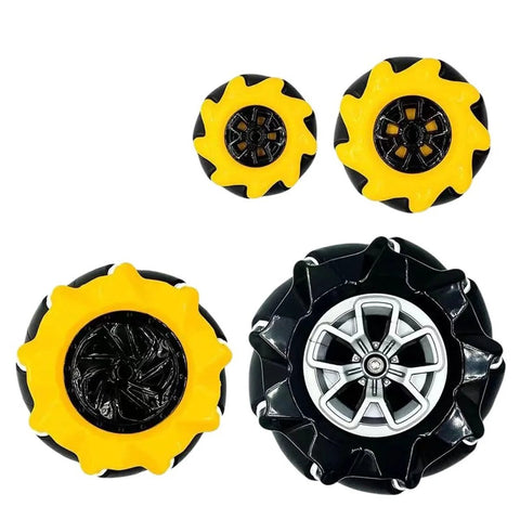 Set of four precision omni wheels for smart carts, sizes 48mm, 60mm, 80mm, 97mm, featuring low-noise and high stability design for robotics.
