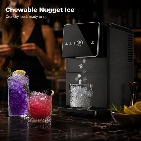 Countertop Nugget Ice Machine 33 Lbs Quick Freeze Cycle Producing Soft Chewable Squares With Hassle Free Push Button Start Self Drain Unit Brushed Steel Finish making chewable ice cubes.